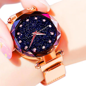 Stardust Watch Rose Gold Magnet Mesh Band Rhinestones Wristwatch